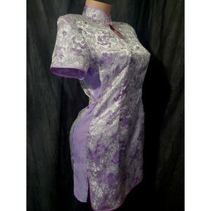 ASIAN SHORT DRESS Dragon Floral PURPLE SATIN Oriental Cheongsam Chinese Knot XS